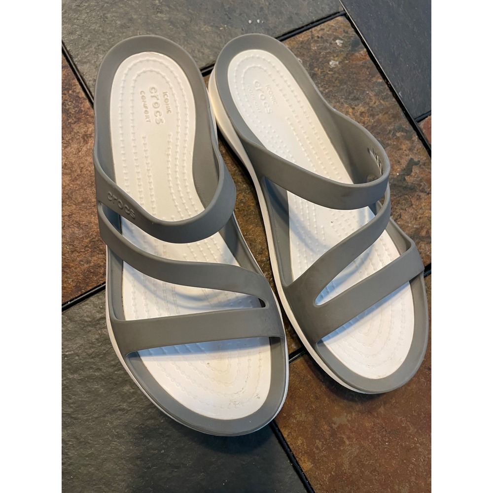 Crocs Swiftwater Sandals Womens 6 Grey White Triple Strap Slides 203998